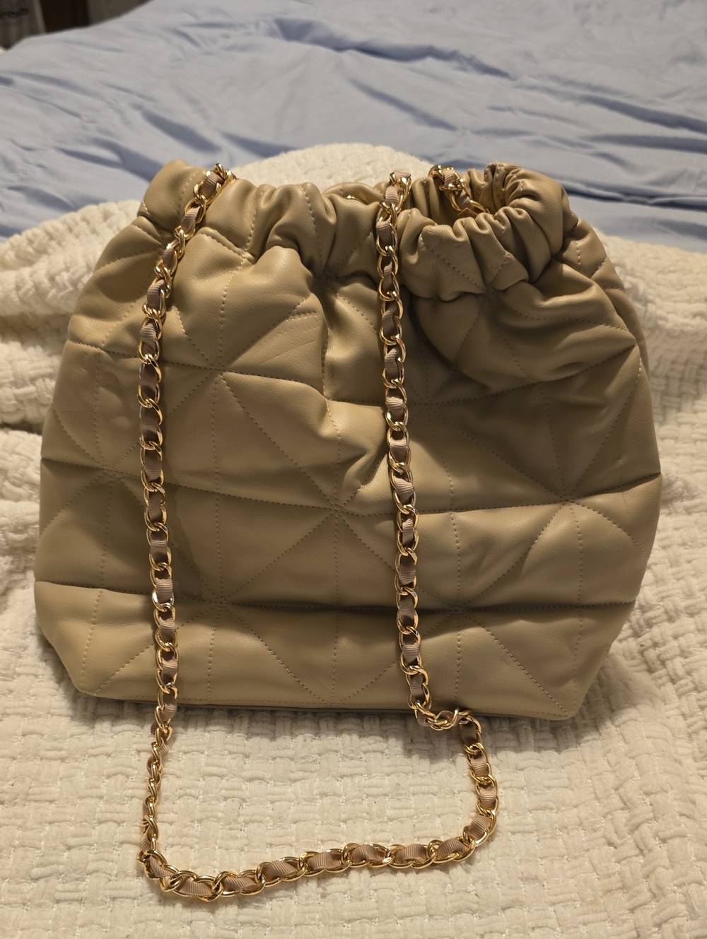 a new day Quilted Drawstring Shoulder Bag in Beige with Gold Chain Strap
